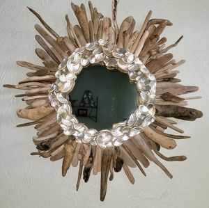 HANDMADE 24" DRIFTWOOD FRAMED MIRROR WITH SILVER ABALONE SHELL ACCENTS￼￼￼